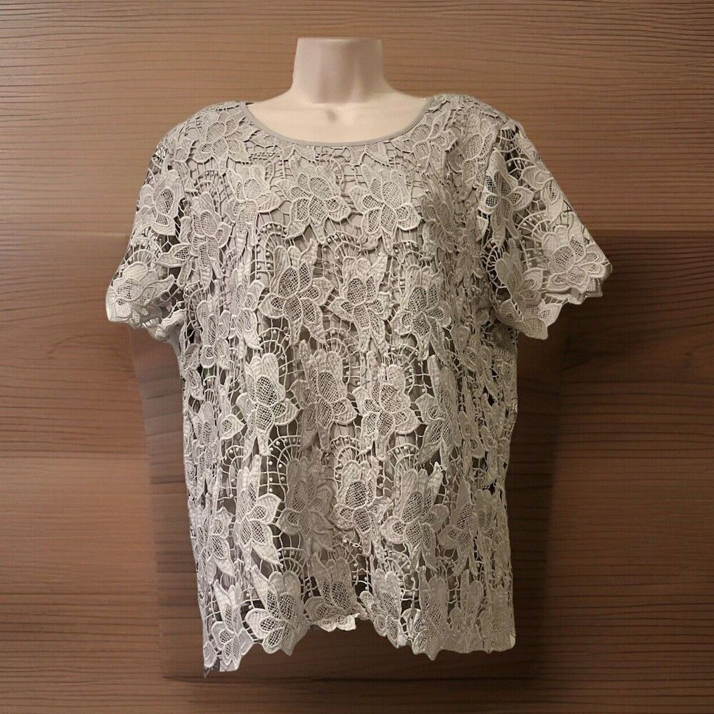 Philosophy Crochet Overlay Lace Womens L Gray Cottage Girly Fairy Office Siren